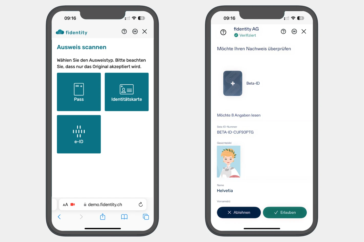 Mockup der fidentity Lösung IDENT, nebem dem Reisepass und der Identitätskarte kann auch die e-ID ausgewählt werden